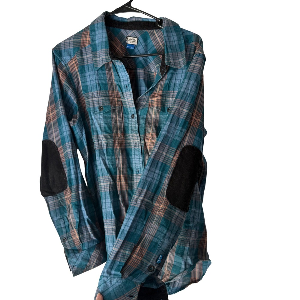 KAVU Flannel Shirt Men's L Plaid Long Sleeve Button Down Elbow Patches Outdoors